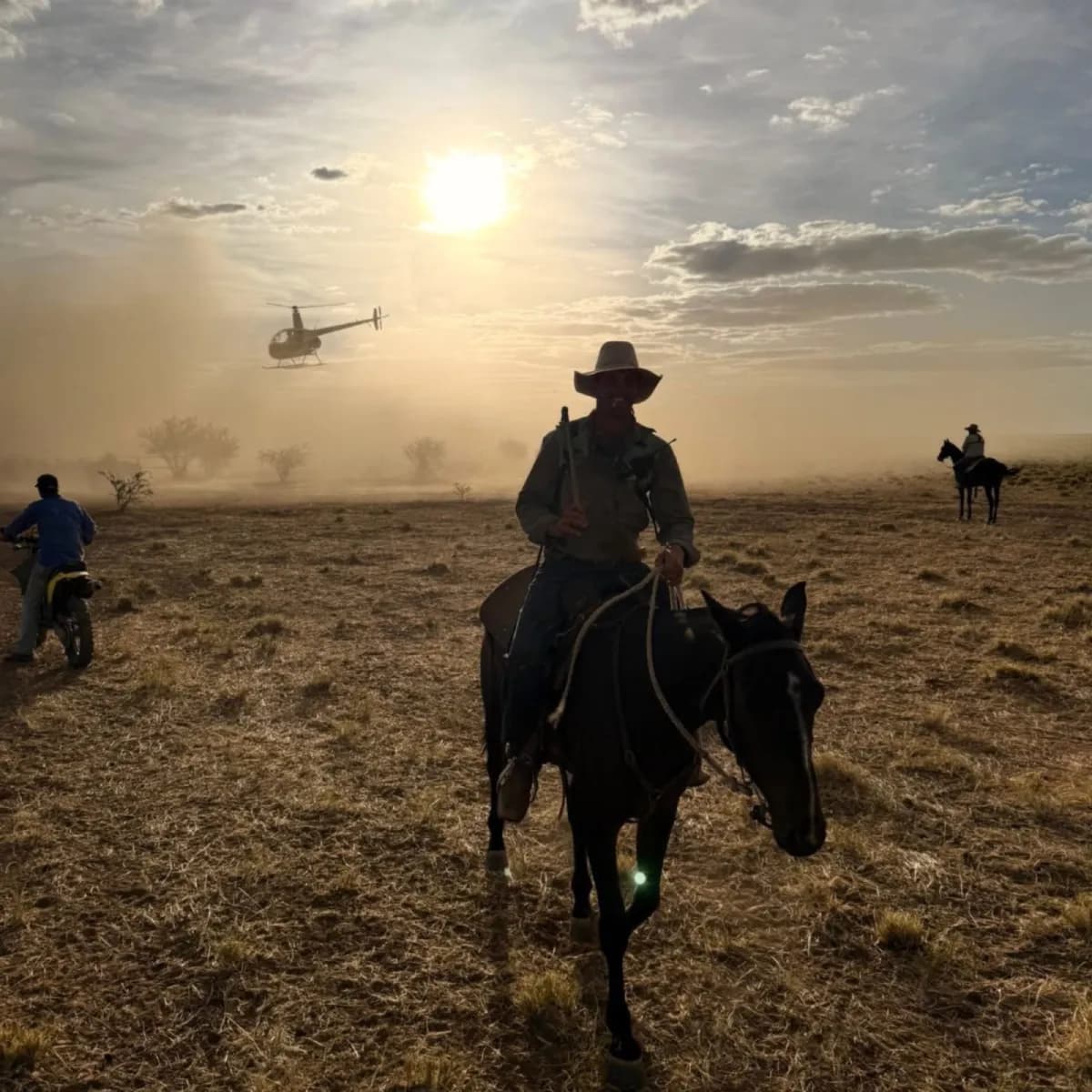 Horse, rider and helicopter on a location shoot